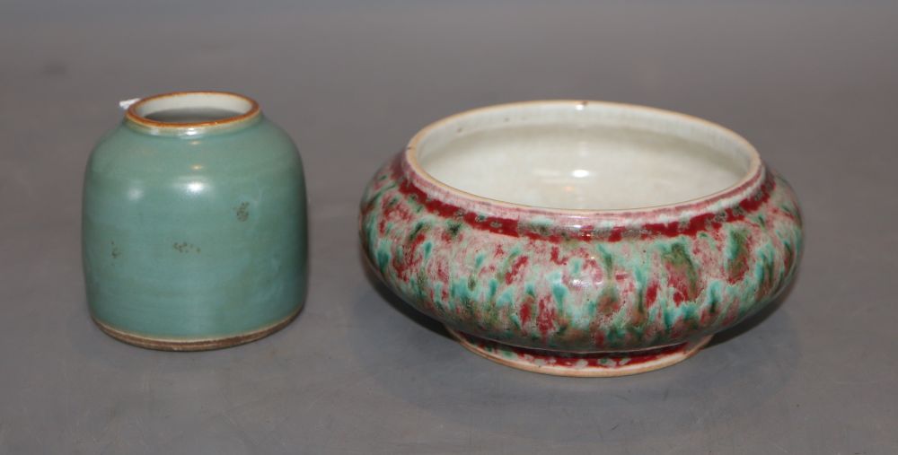A Chinese green glazed water pot and a flambe brushwasher, diameter 12cm